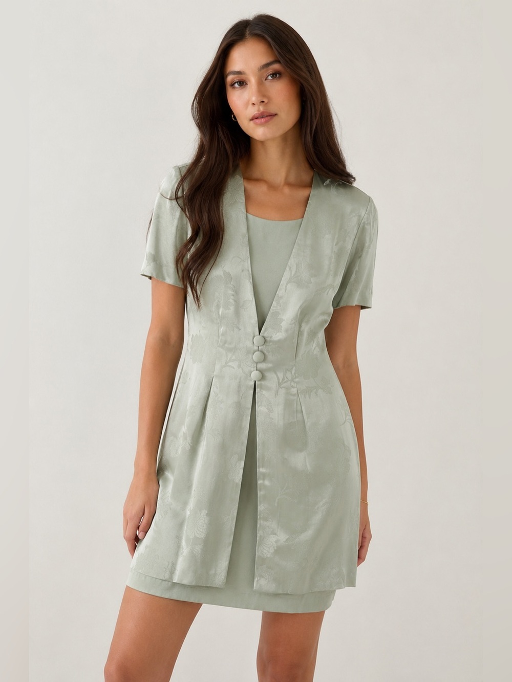 Vintage 90s Sage Green Floral Jacquard Faux Two Piece Mini Dress S